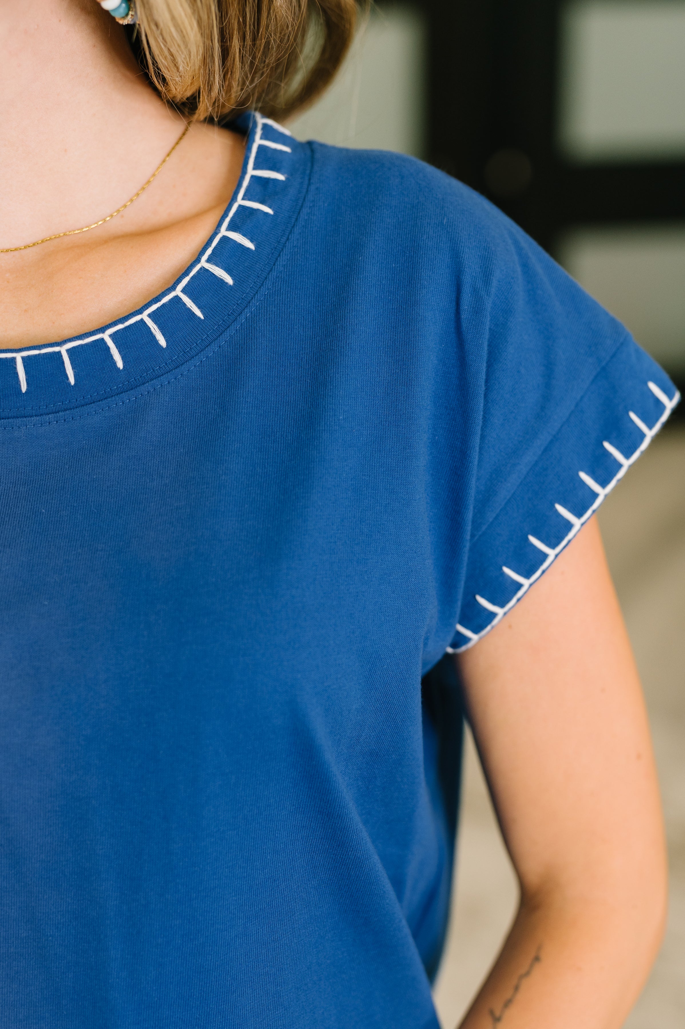 Zenana Stitch Trim Cotton Top in Blue