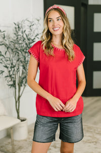 Stitch Trim Cotton Top in Ruby Red