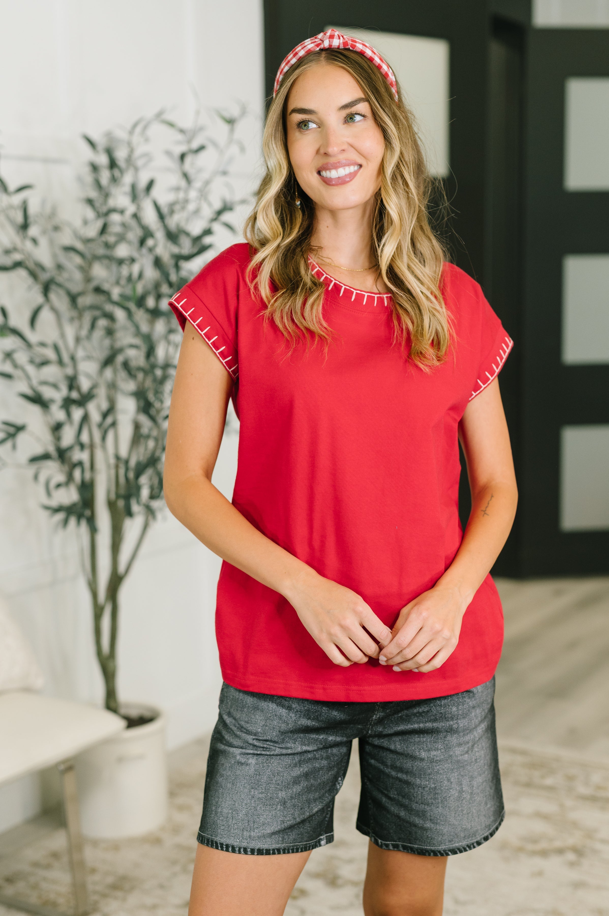 Stitch Trim Cotton Top in Ruby Red