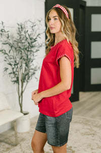 Stitch Trim Cotton Top in Ruby Red