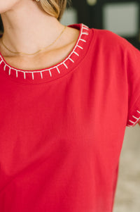 Stitch Trim Cotton Top in Ruby Red