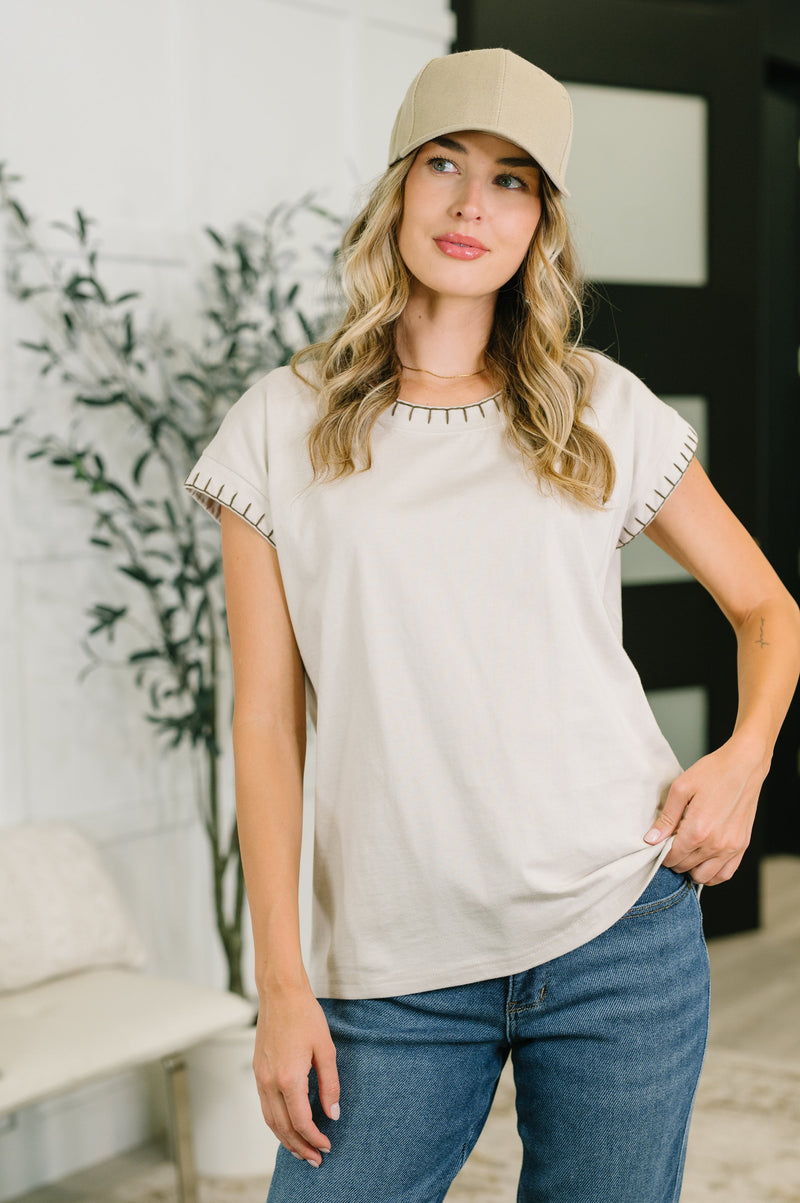 Stitch Trim Cotton Top in Sand Beige