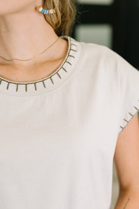 Zenana Stitch Trim Cotton Top in Sand Beige