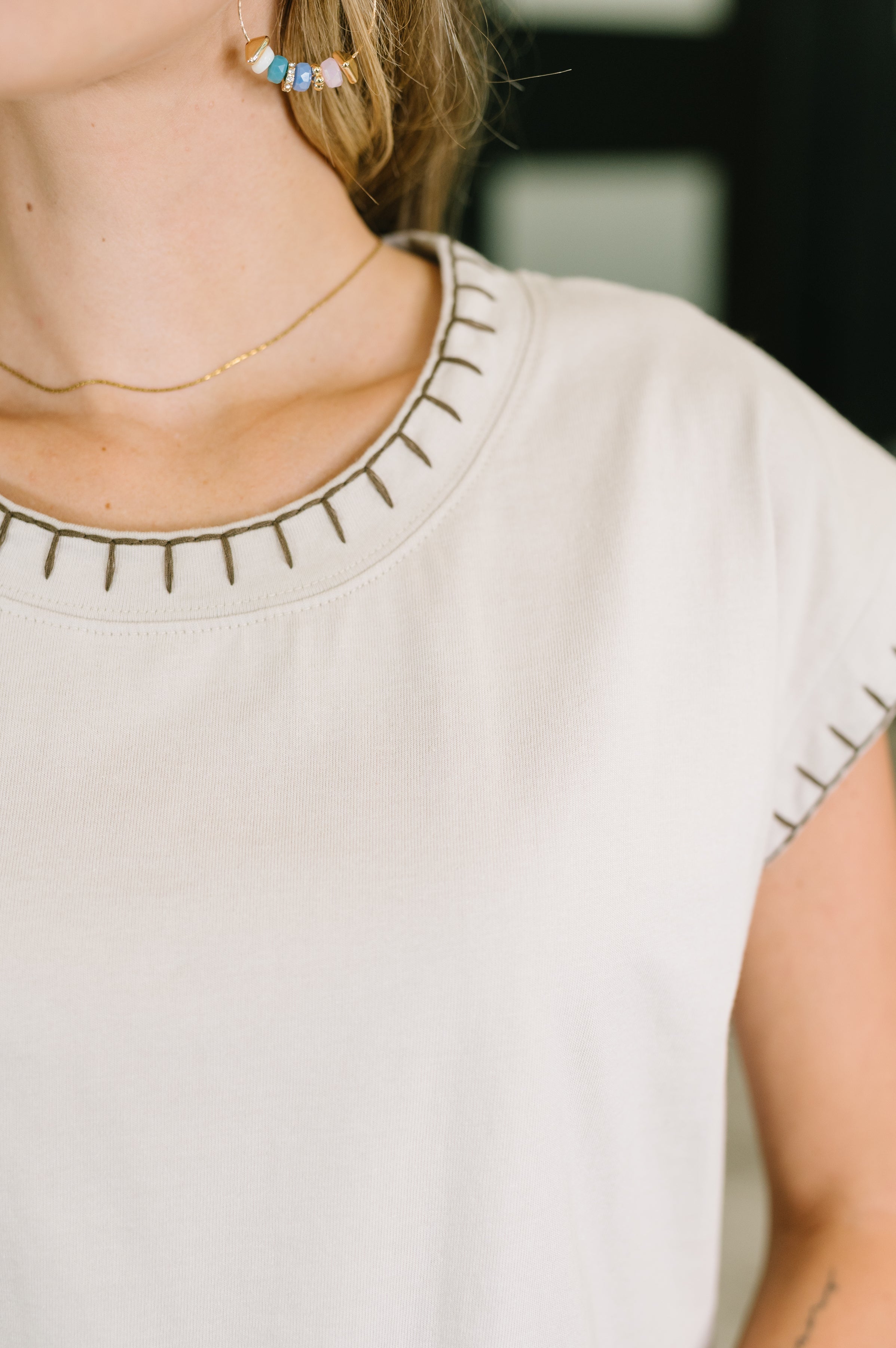 Zenana Stitch Trim Cotton Top in Sand Beige