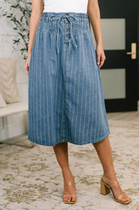 Pinstripe Button Front Denim Skirt