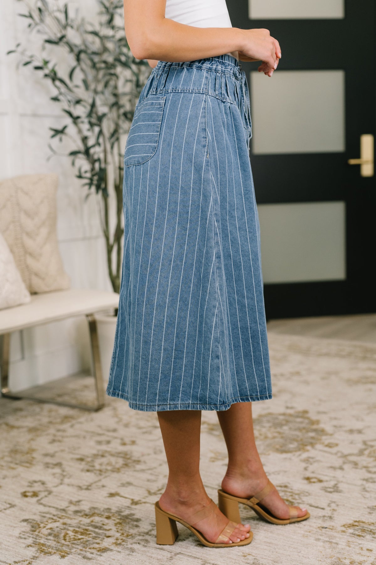 Pinstripe Button Front Denim Skirt