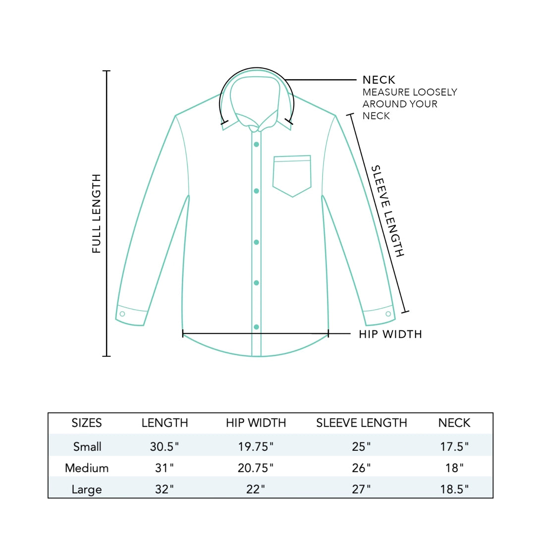 Lotus and Luna Boyfriend Button Up Size Chart
