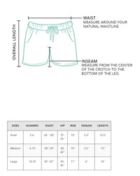 Lotus and Luna Drawstring Shorts Size Chart