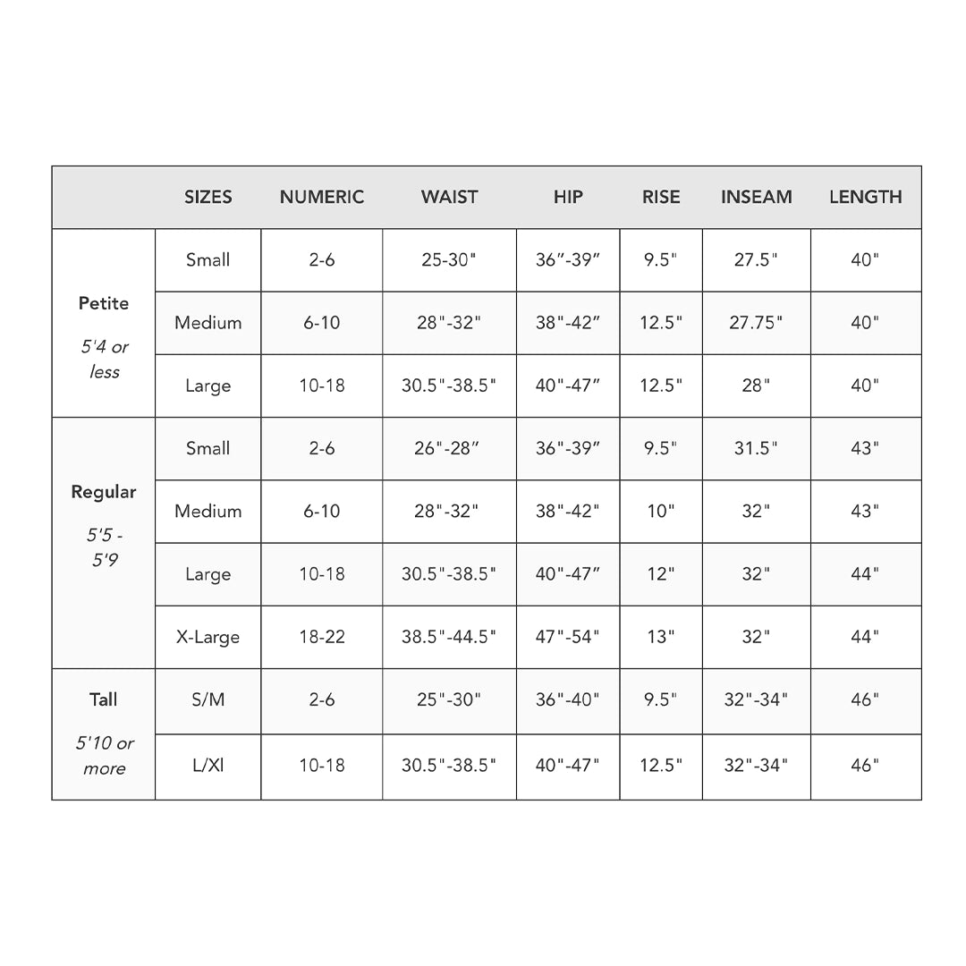 Lotus and Luna Harem Pants Size Chart