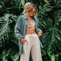 Lotus and Luna Sage Boyfriend Button Up Cotton Shirt