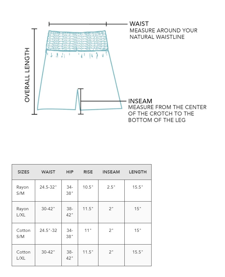 Lotus and Luna Smocked Waist Shorts Size Chart