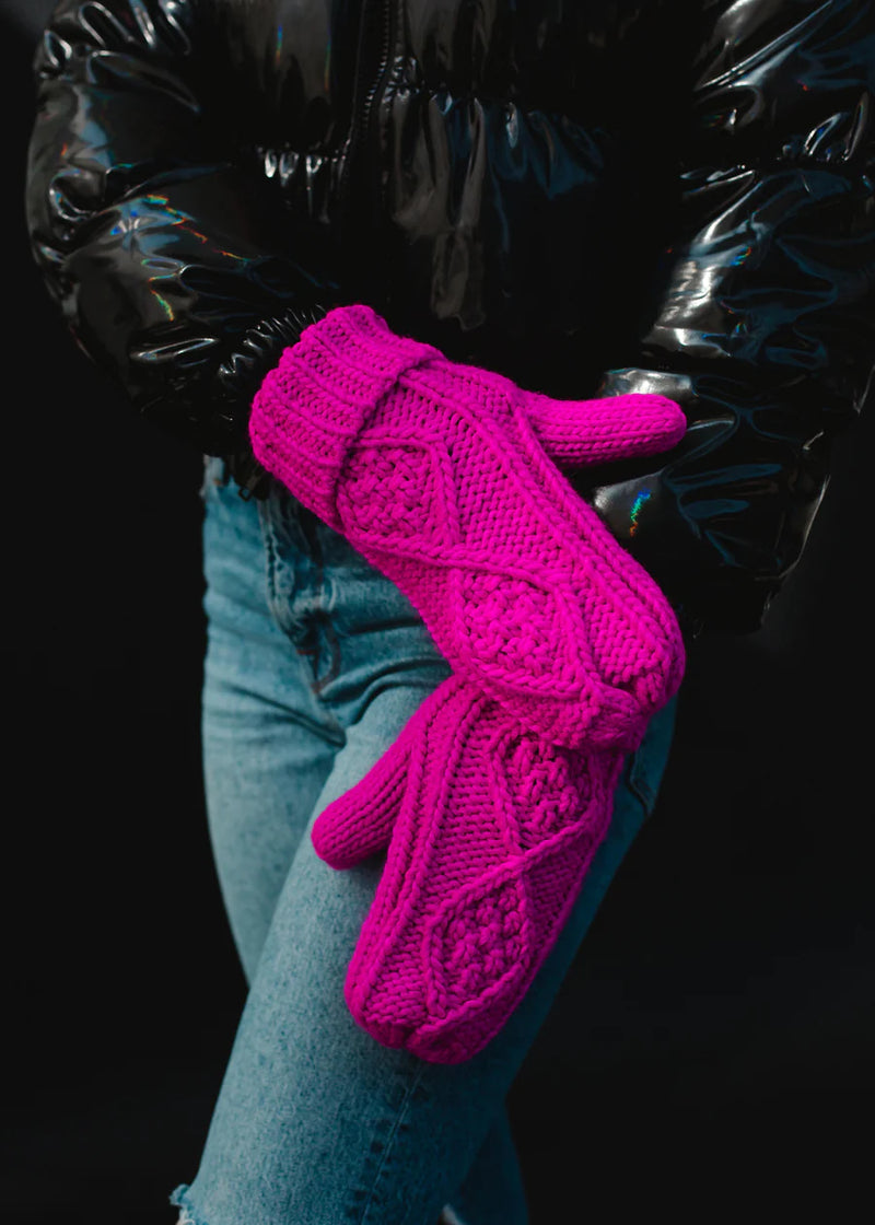 Hot Pink Cable Knit Fleece Lined Mittens