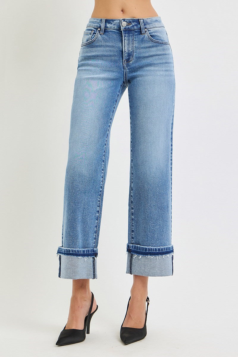 Risen Mid Rise Ankle Straight Cuffed Jeans PWA21442