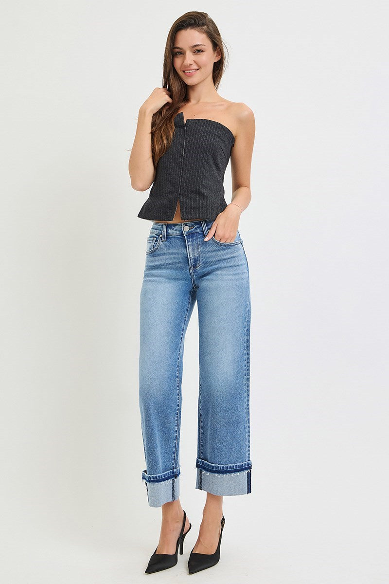 Risen Mid Rise Ankle Straight Cuffed Jeans PWA21442