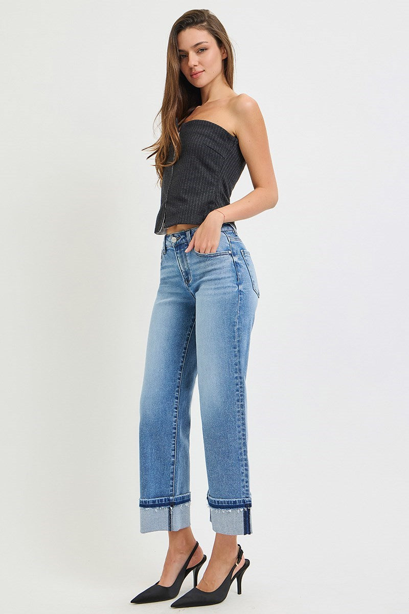 Risen Mid Rise Ankle Straight Cuffed Jeans PWA21442