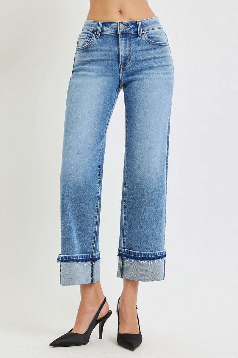 Risen Mid Rise Ankle Straight Cuffed Jeans PWA21442