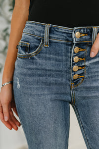 Judy Blue Mid Rise Button Fly Destroy Fray Hem Flare Jeans