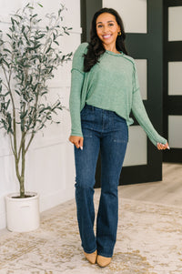 Zenana Heathered Exposed Seam Hi-Low Long Sleeve Top in Dark Green