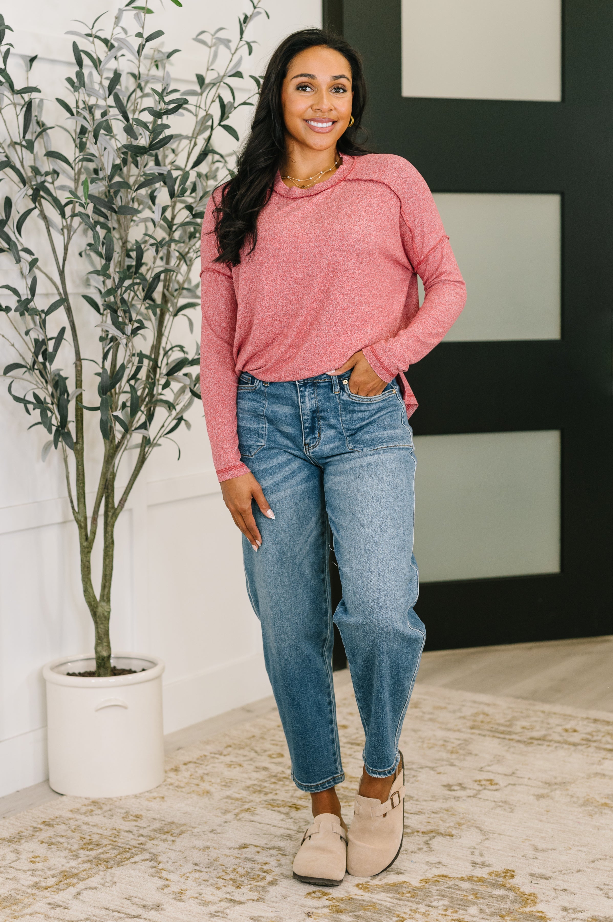 Zenana Heathered Exposed Seam Hi-Low Long Sleeve Top in Dark Red