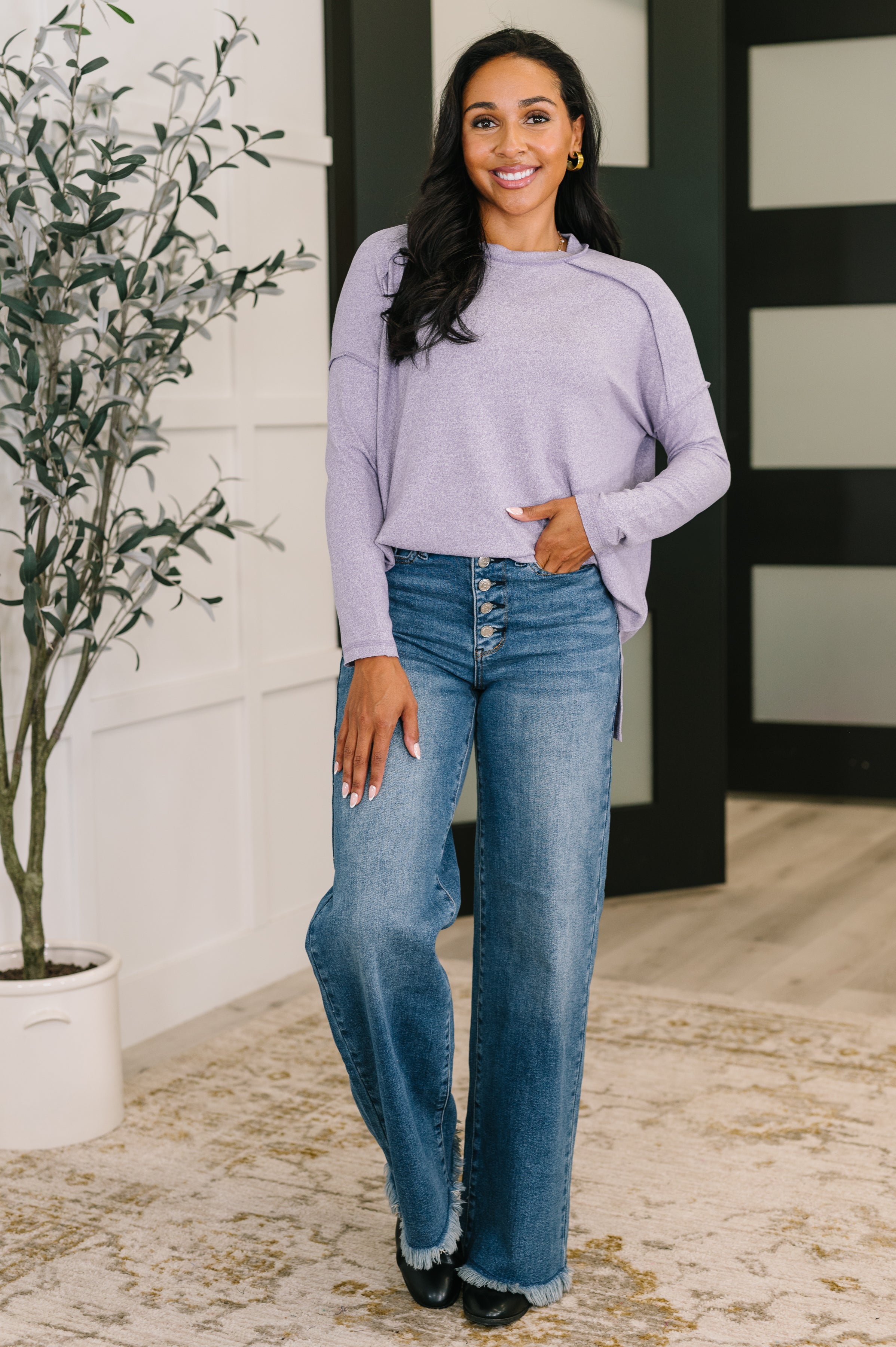 Zenana Heathered Exposed Seam Hi-Low Long Sleeve Top in Lavender