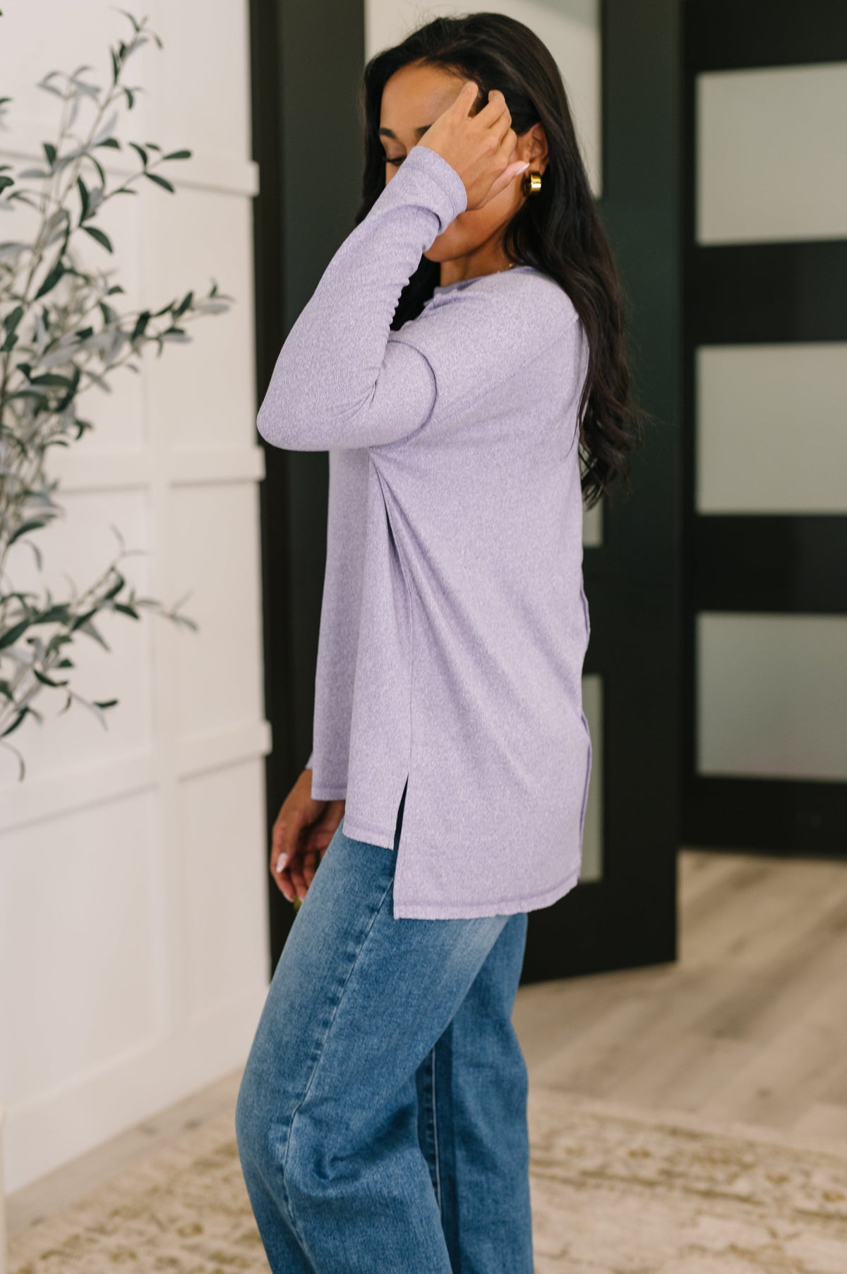 Zenana Heathered Exposed Seam Hi-Low Long Sleeve Top in Lavender
