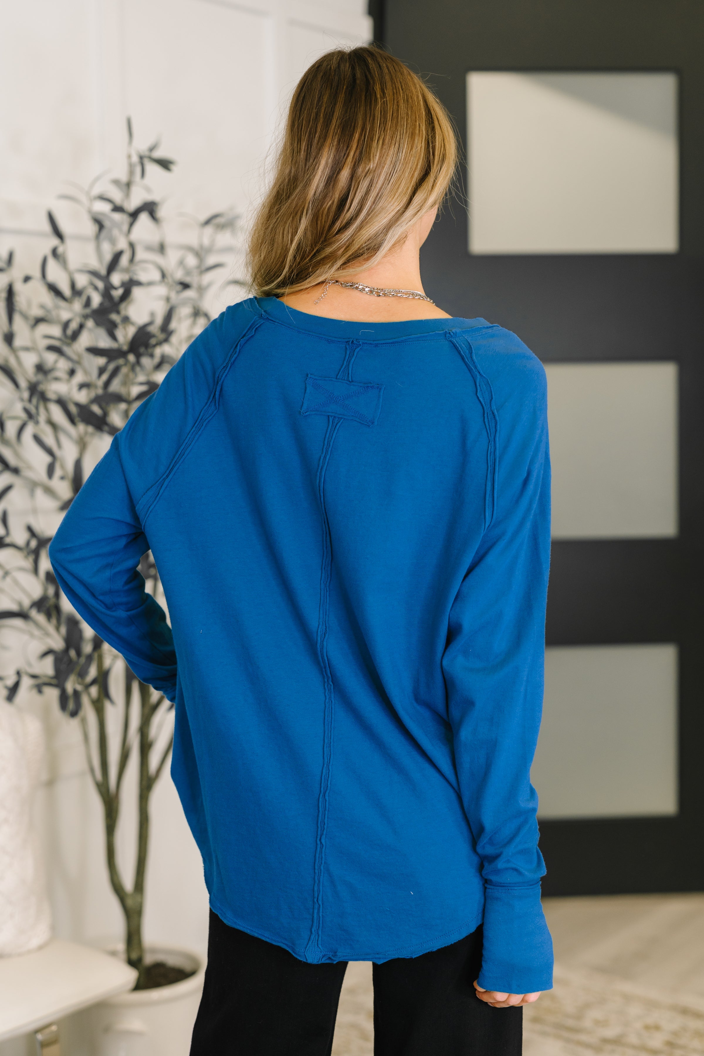 Raglan Sleeve Exposed Seam Top in Classic Blue