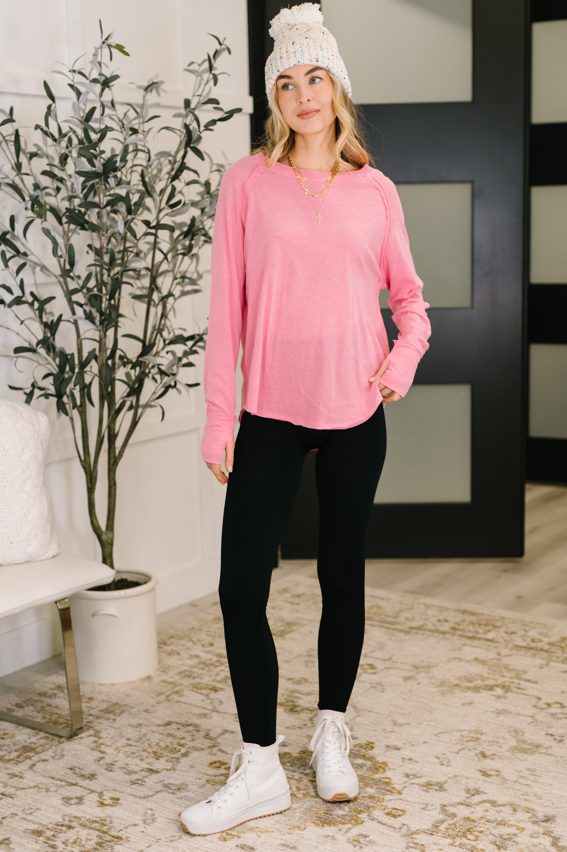Raglan Sleeve Exposed Seam Top in Fuchsia