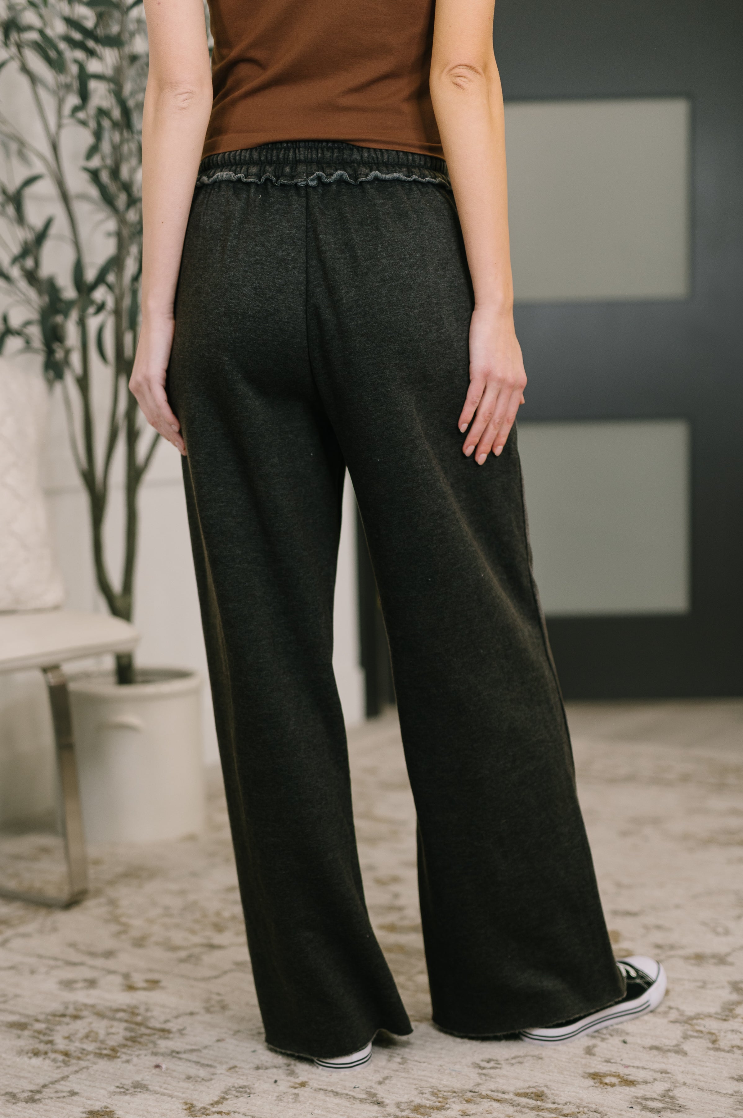 Zenana Acid Wash Fleece Palazzo Sweatpants with Pockets in Ash Black