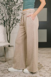 Zenana Acid Wash Fleece Palazzo Sweatpants with Pockets in Ash Mocha