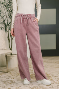 Zenana Acid Wash Fleece Palazzo Sweatpants with Pockets in Light Rose