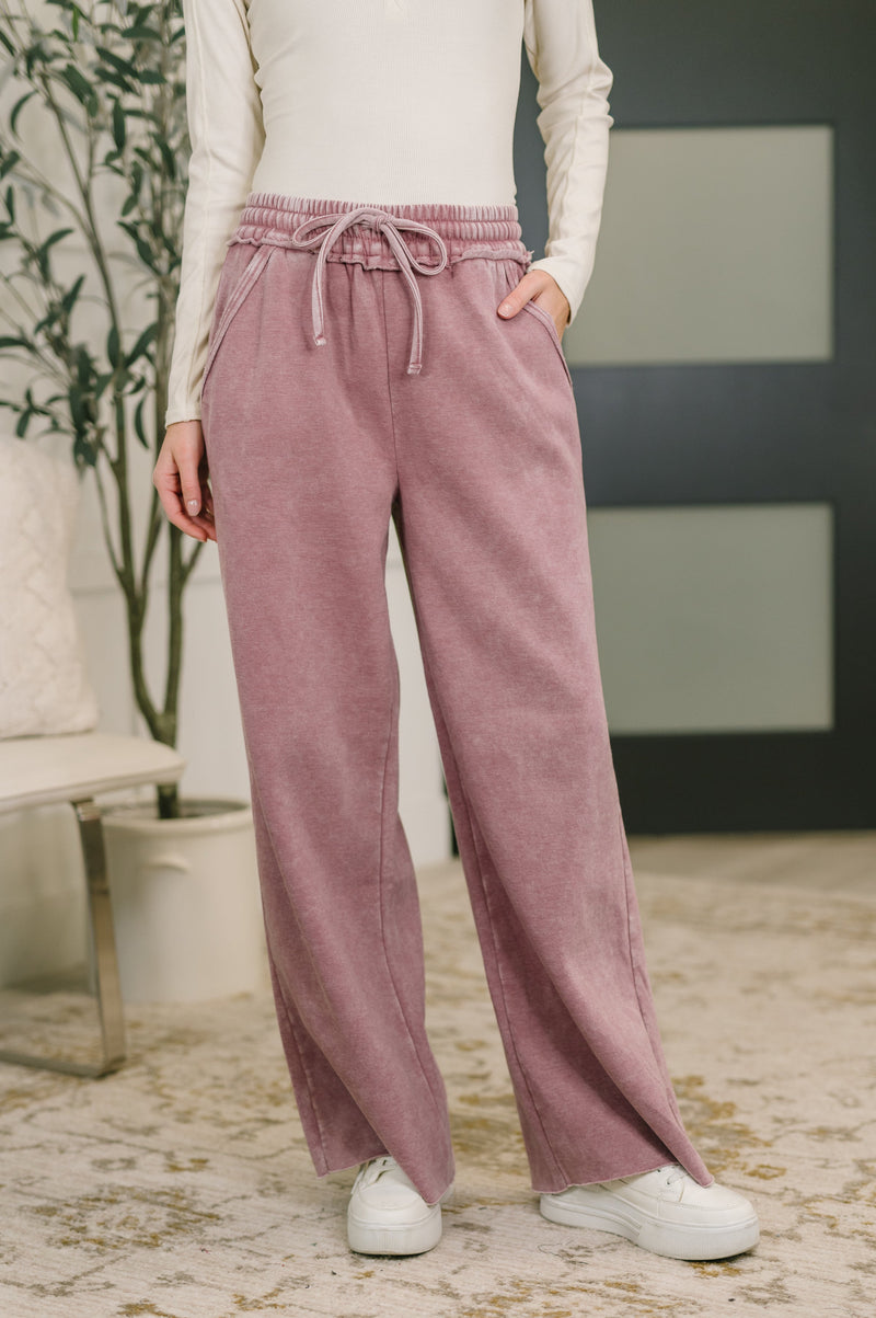 Zenana Acid Wash Fleece Palazzo Sweatpants with Pockets in Light Rose
