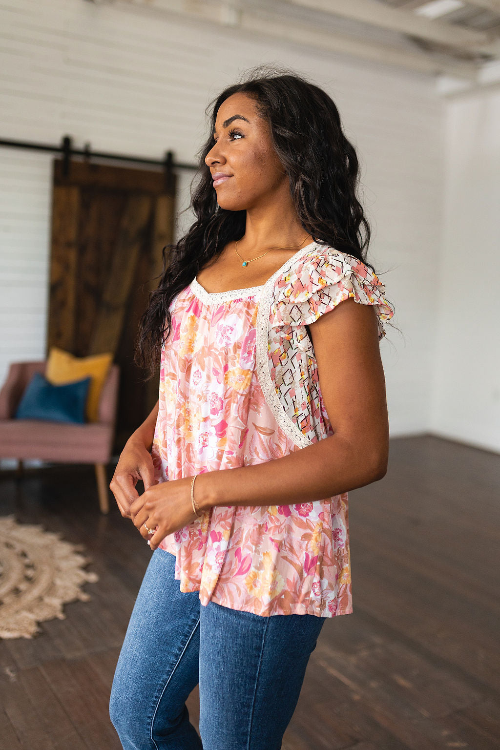 Crochet Trim Floral Blouse in Pink