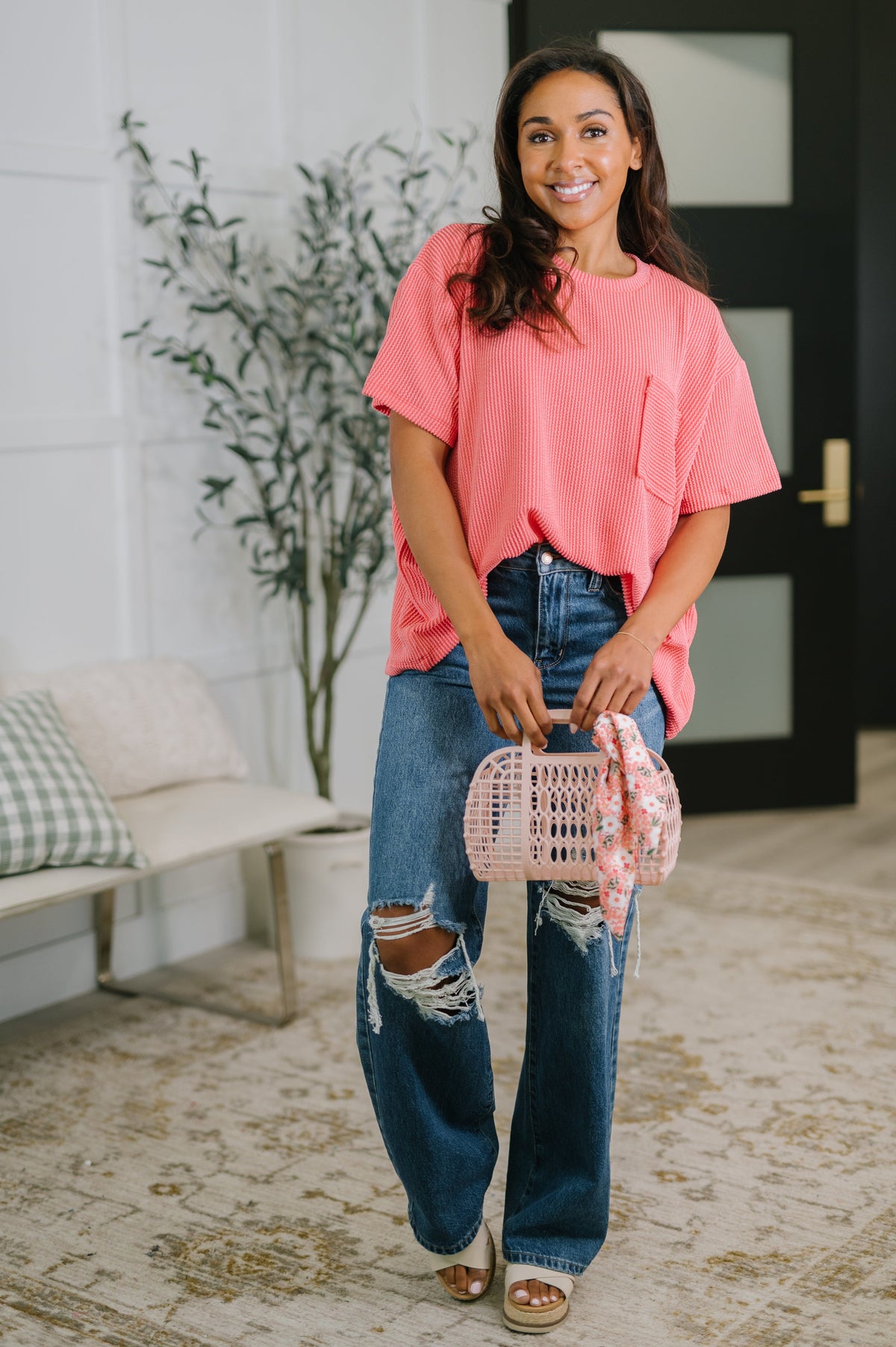 Zenana Textured Boxy Tee in Salmon