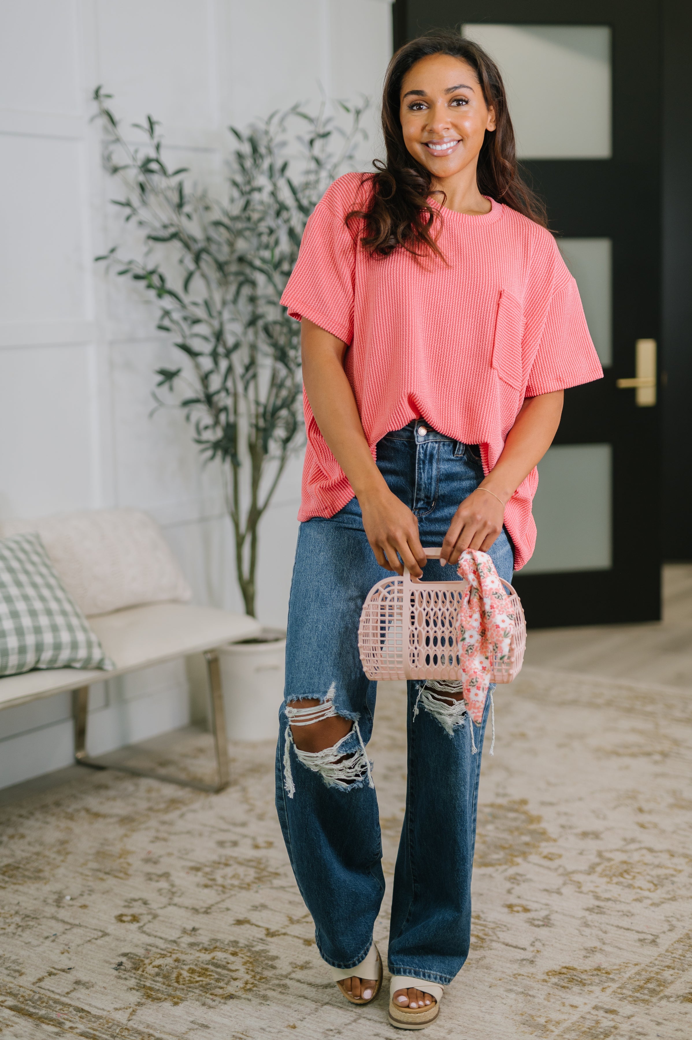 Zenana Textured Boxy Tee in Salmon