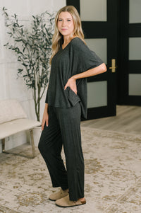 V-neck Short Sleeve Top and Bottom Lounge Set in Charcoal