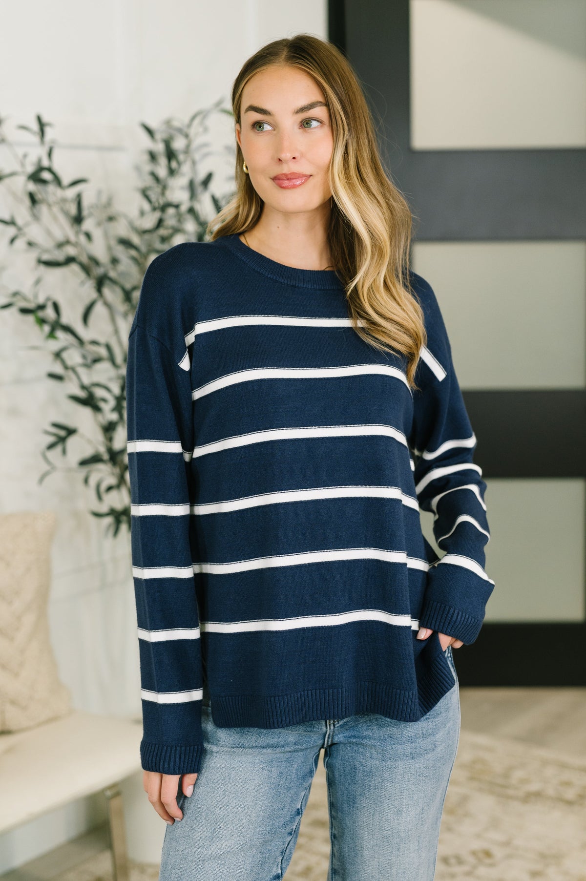Zenana Navy Stripe Drop Shoulder Sweater Knit Top