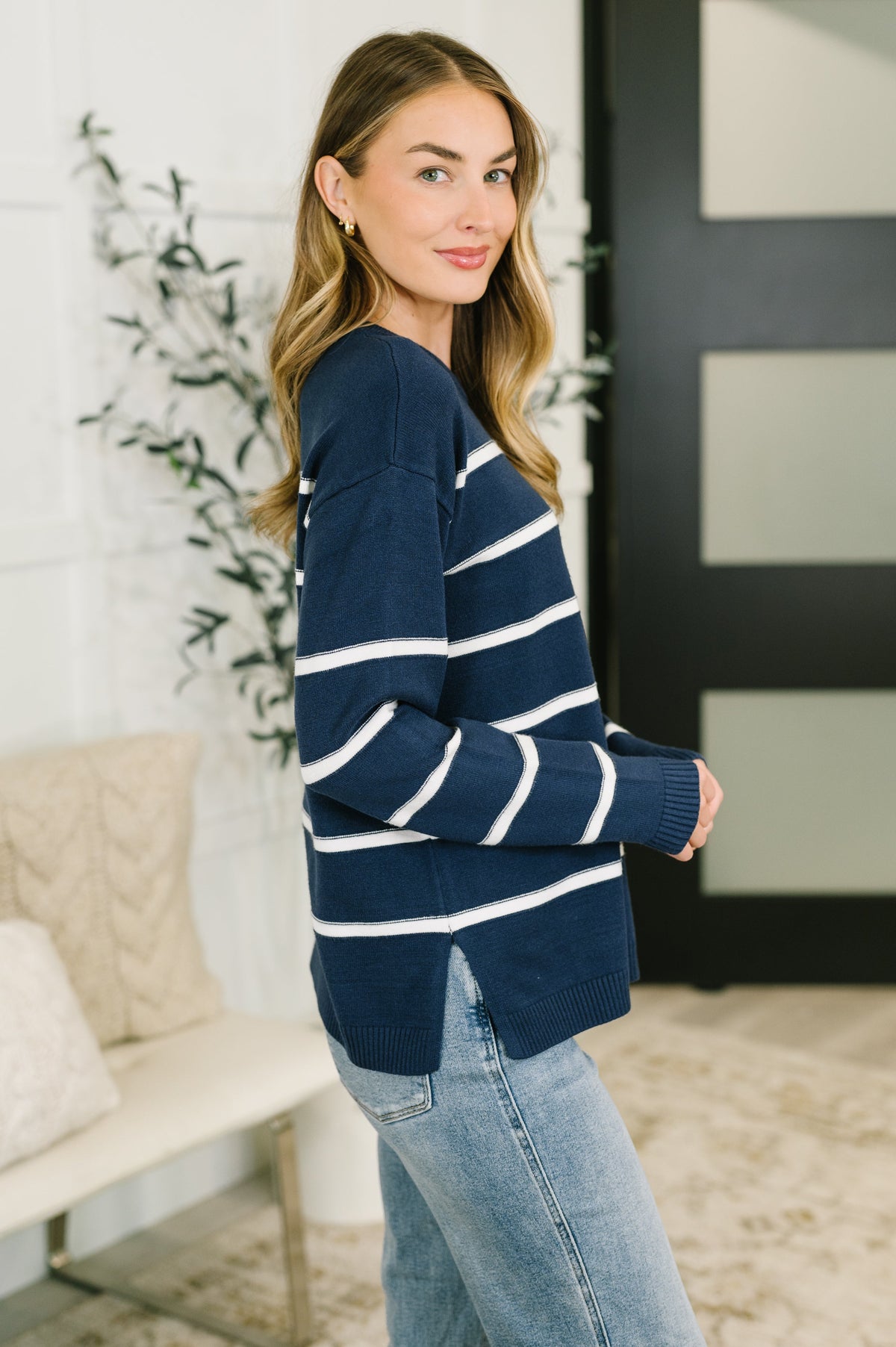 Zenana Navy Stripe Drop Shoulder Sweater Knit Top