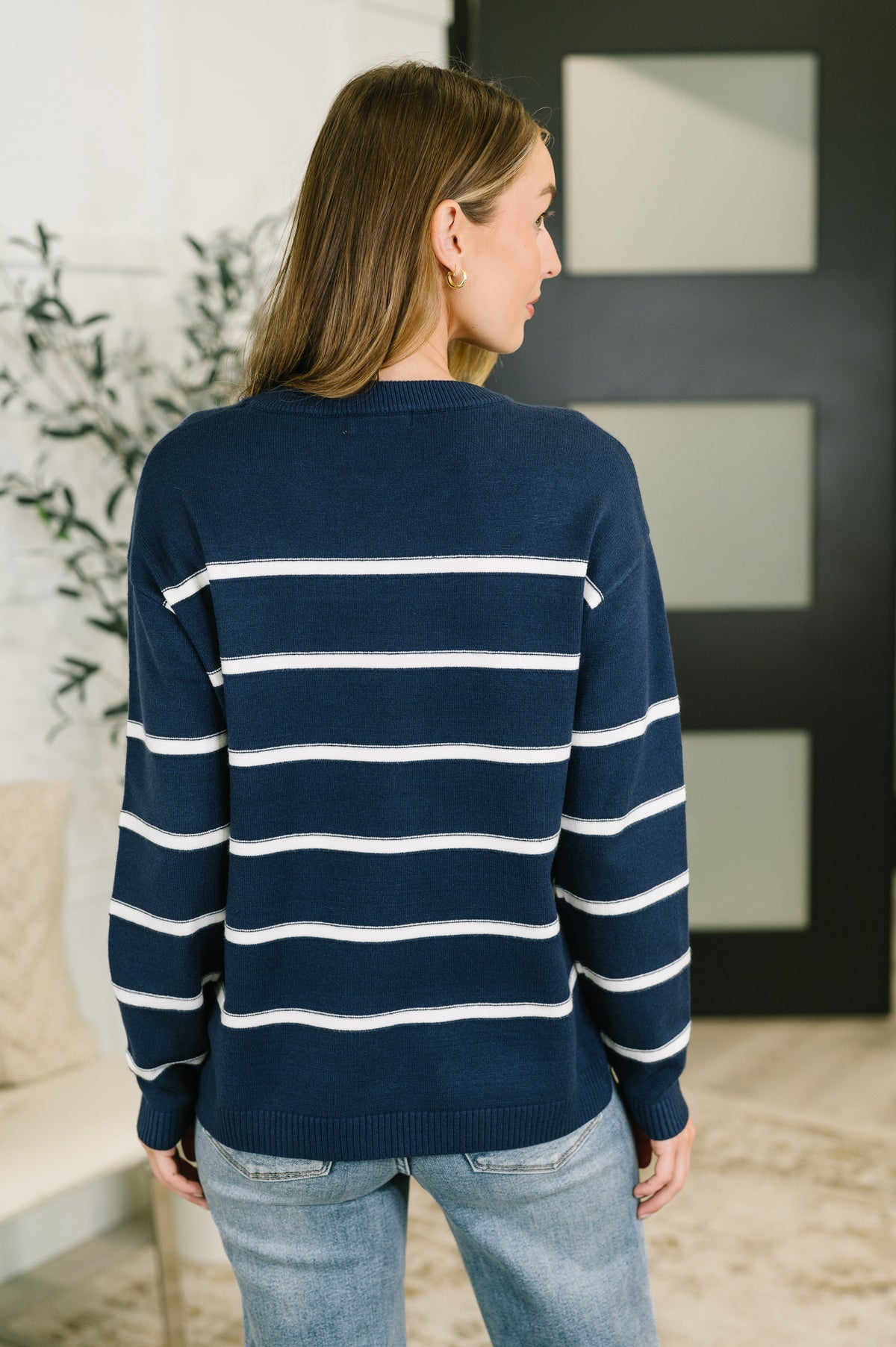 Zenana Navy Stripe Drop Shoulder Sweater Knit Top