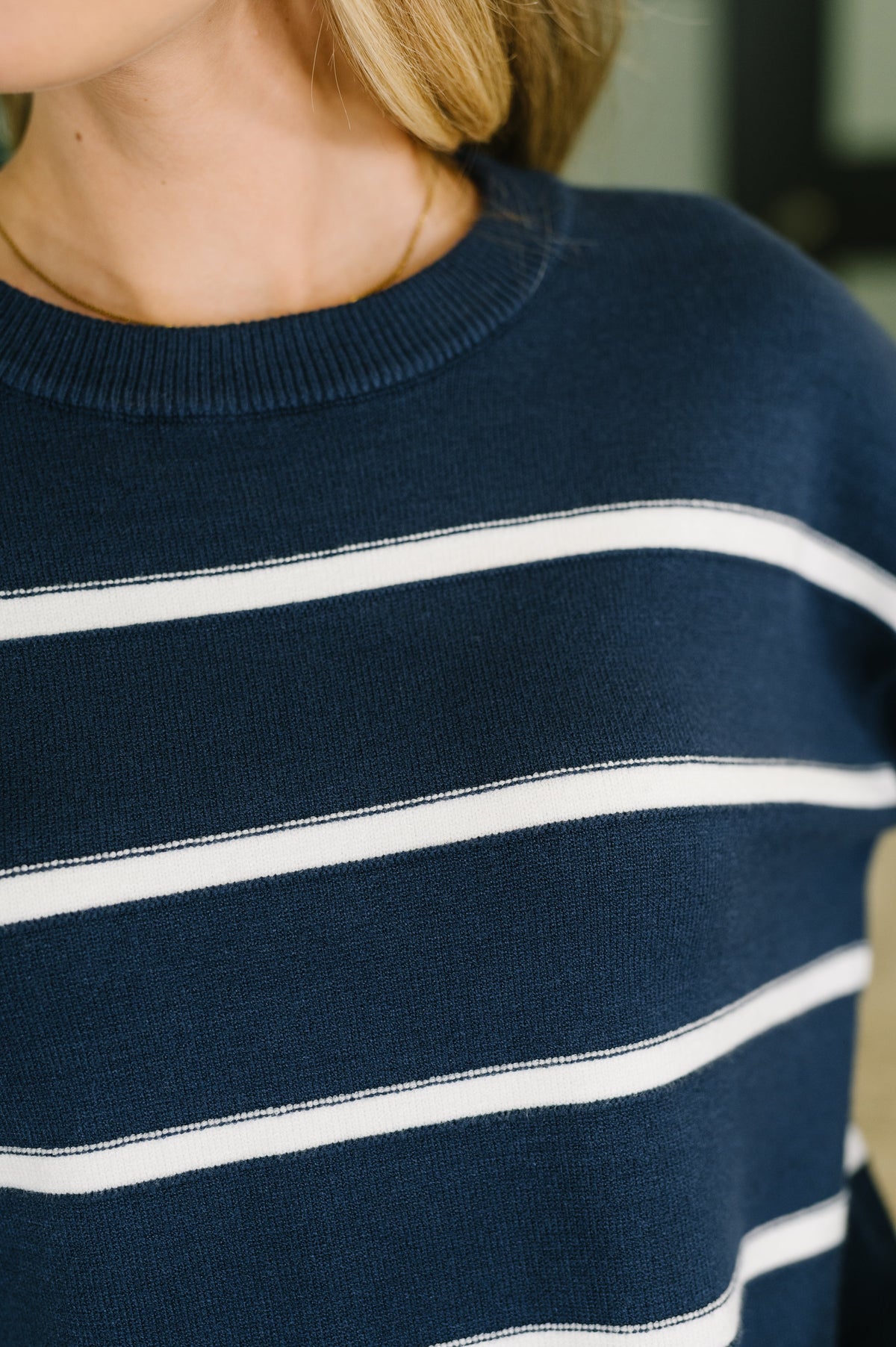 Zenana Navy Stripe Drop Shoulder Sweater Knit Top