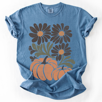 Pumpkins and Flowers Retro Autumn Comfort Colors Graphic T-Shirt Blue