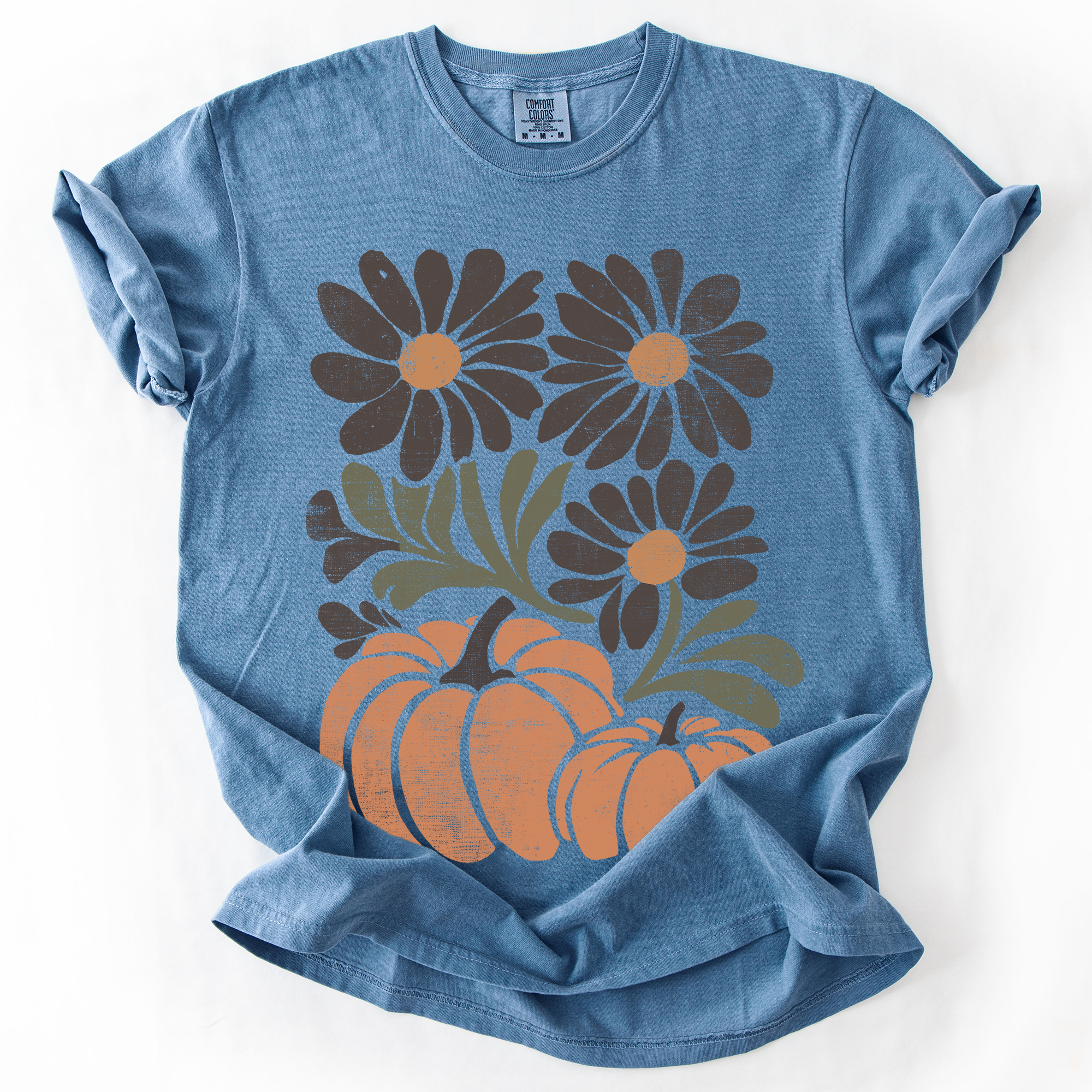 Pumpkins and Flowers Retro Autumn Comfort Colors Graphic T-Shirt Blue