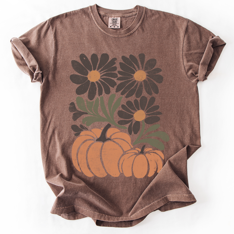 Pumpkins and Flowers Retro Autumn Comfort Colors Graphic T-Shirt Brown