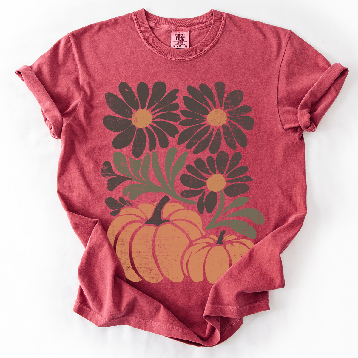 Pumpkins and Flowers Retro Autumn Comfort Colors Graphic T-Shirt Crimson