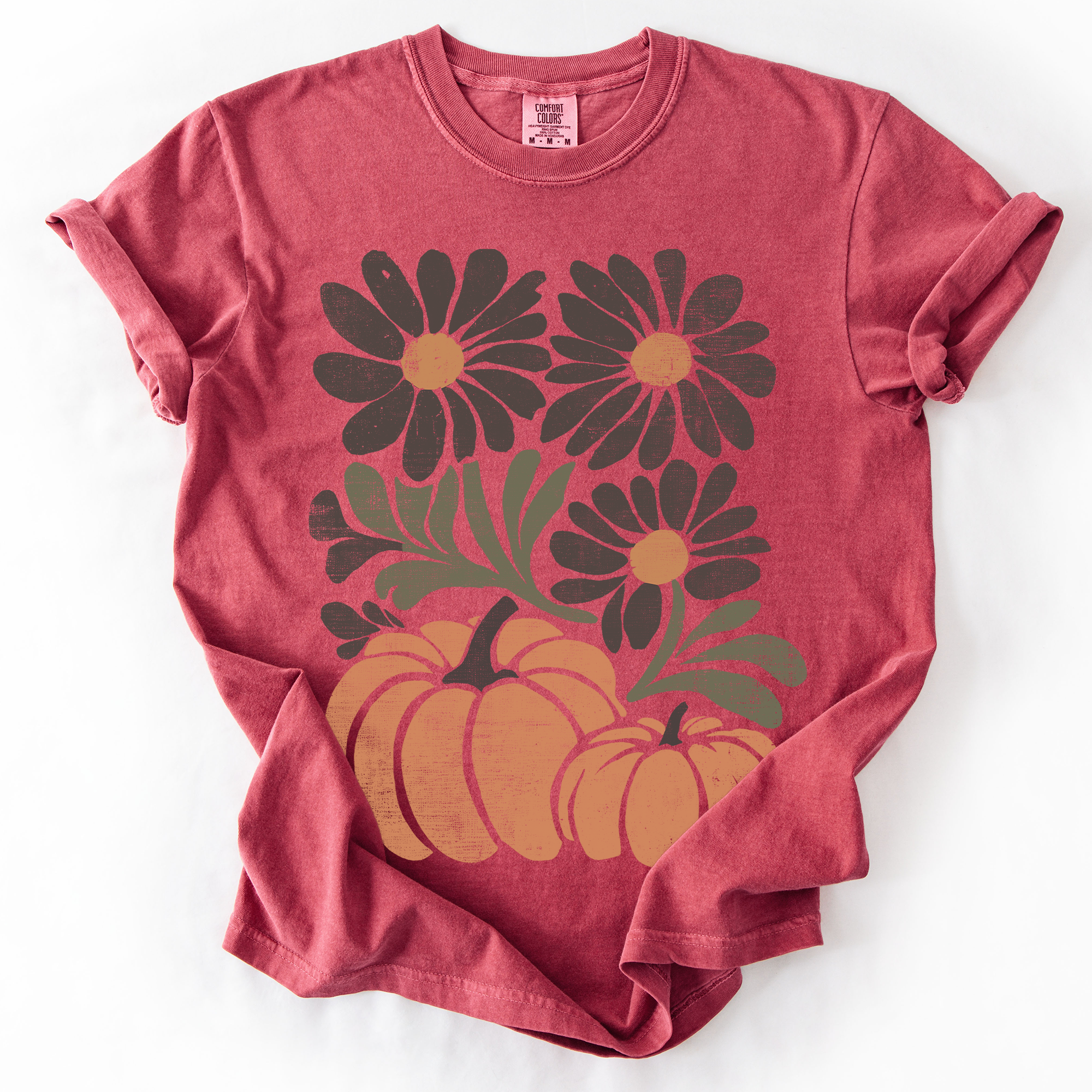 Pumpkins and Flowers Retro Autumn Comfort Colors Graphic T-Shirt Crimson