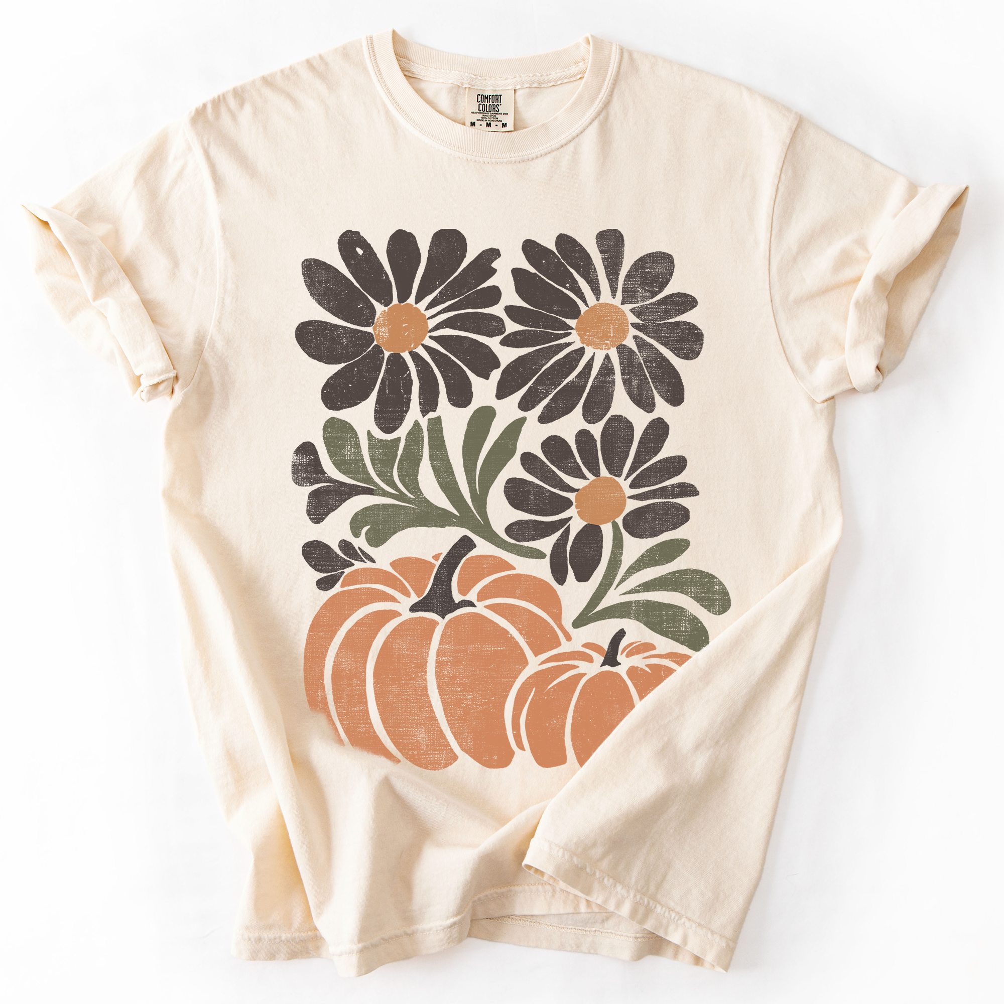Pumpkins and Flowers Retro Autumn Comfort Colors Graphic T-Shirt Ivory