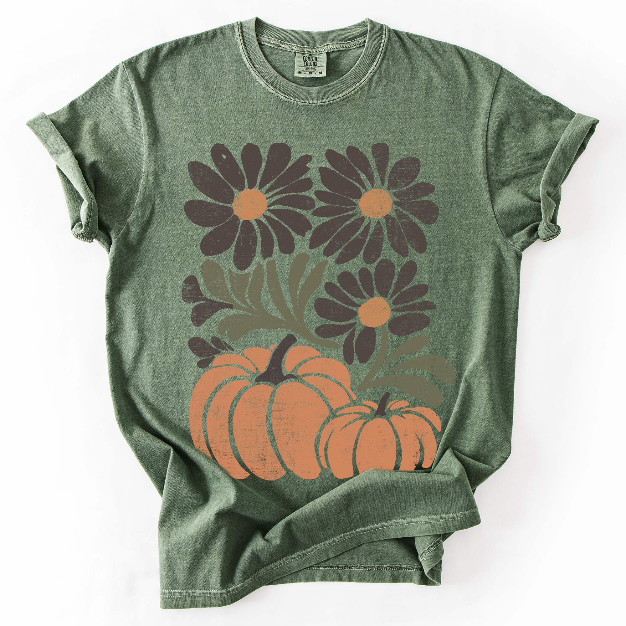 Pumpkins and Flowers Retro Autumn Comfort Colors Graphic T-Shirt Green