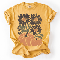 Pumpkins and Flowers Retro Autumn Comfort Colors Graphic T-Shirt Mustard
