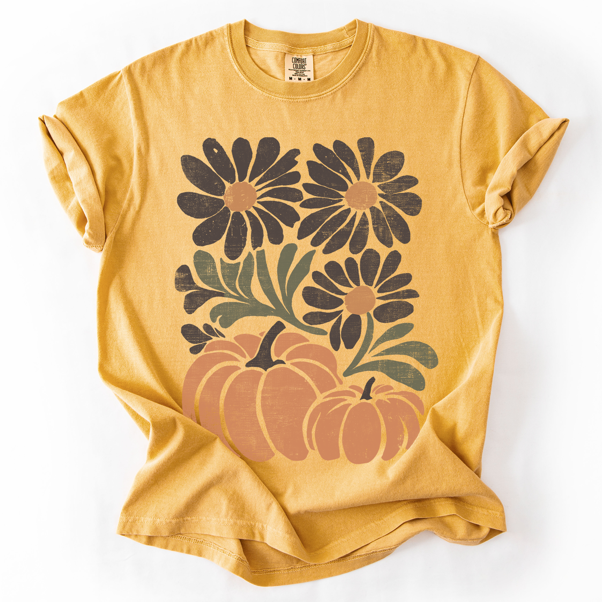 Pumpkins and Flowers Retro Autumn Comfort Colors Graphic T-Shirt Mustard