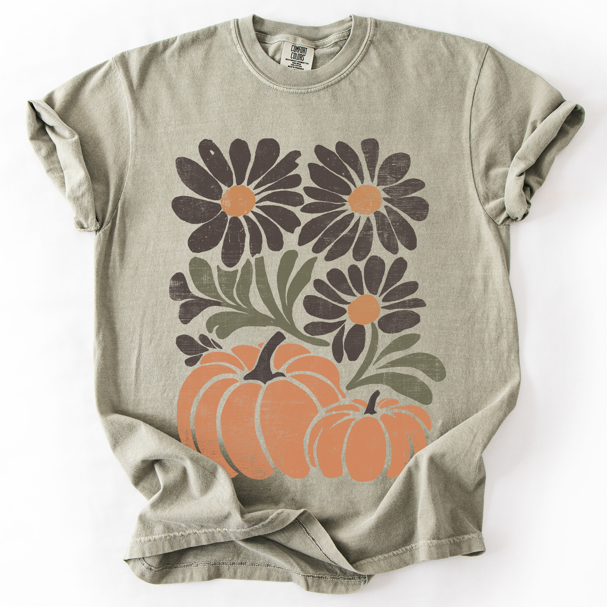 Pumpkins and Flowers Retro Autumn Comfort Colors Graphic T-Shirt Sandstone