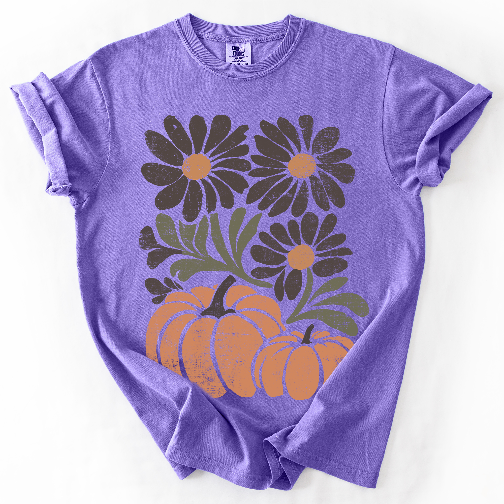 Pumpkins and Flowers Retro Autumn Comfort Colors Graphic T-Shirt Violet